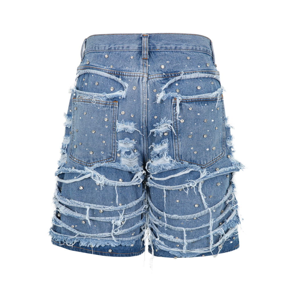 RIPPED RHINESTONE DENIM SHORTS