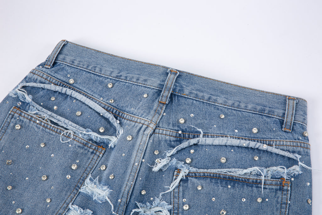 RIPPED RHINESTONE DENIM SHORTS