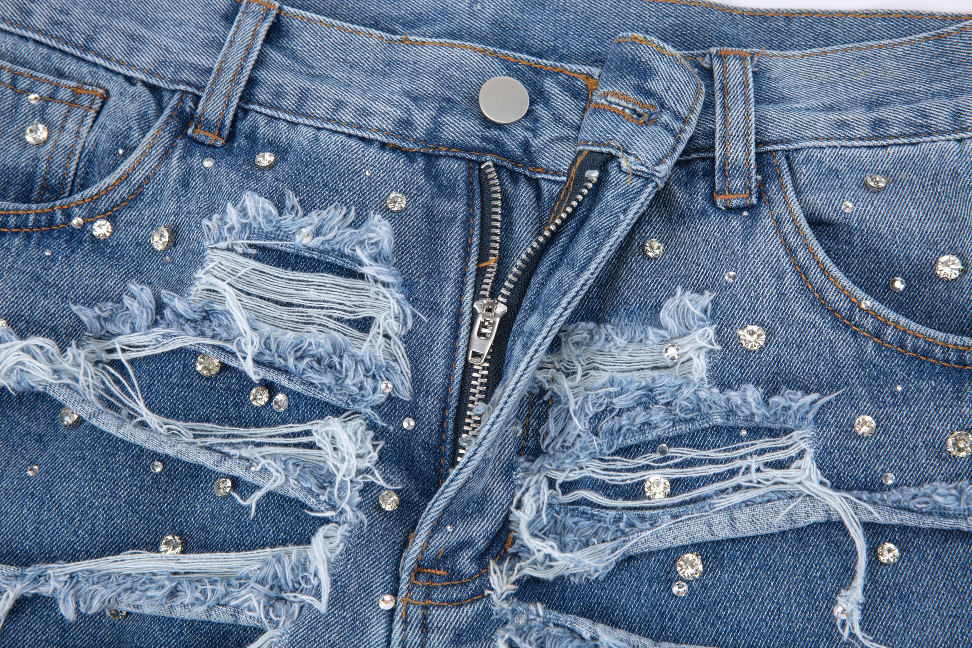 RIPPED RHINESTONE DENIM SHORTS