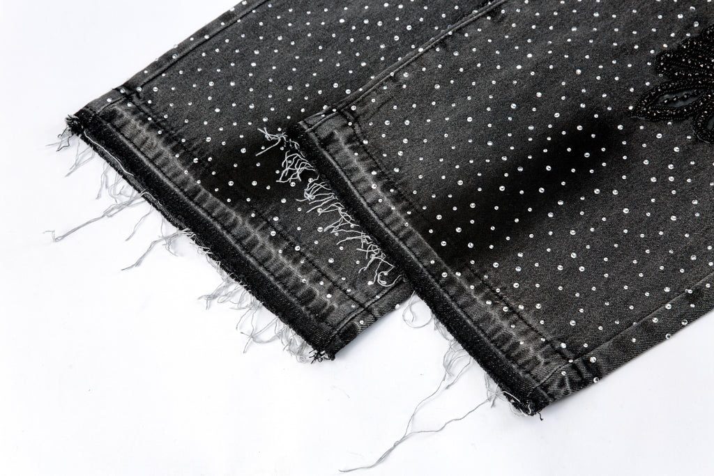 RHINESTONE V PATCH DENIM BLACK