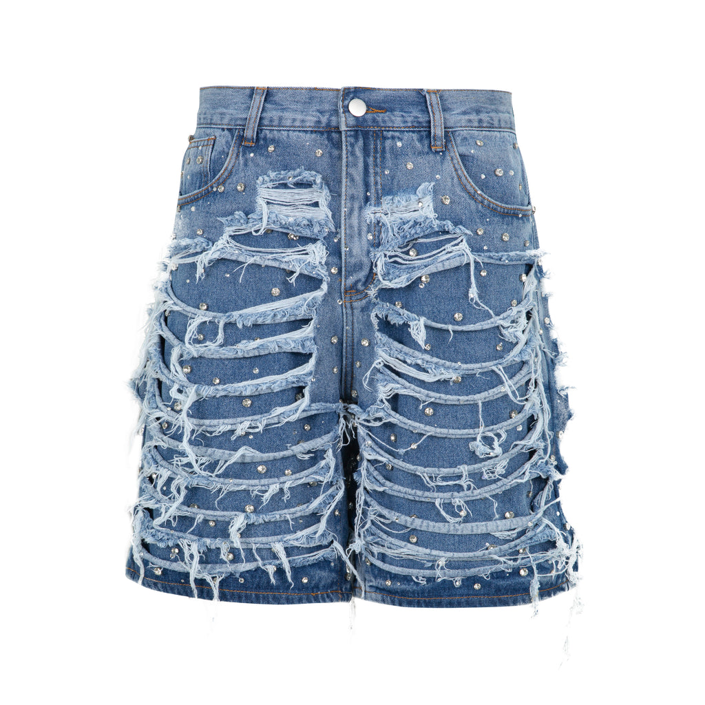 RIPPED RHINESTONE DENIM SHORTS