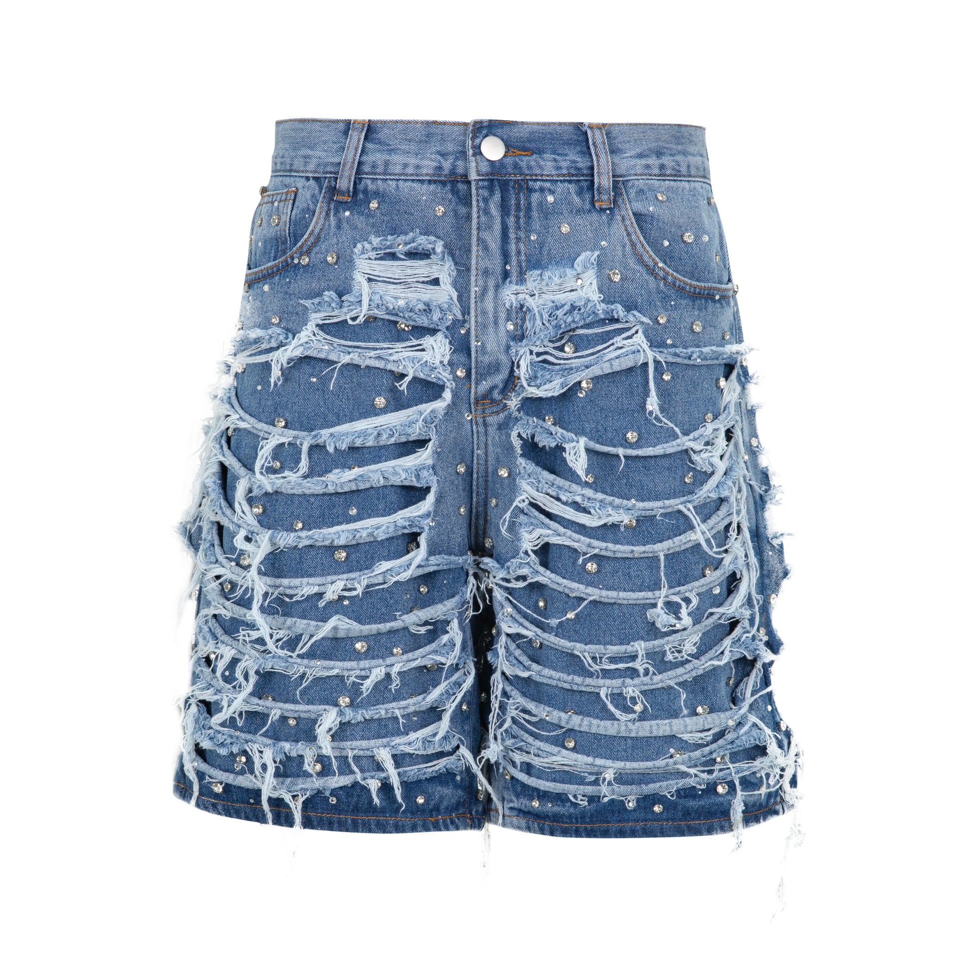 RIPPED RHINESTONE DENIM SHORTS