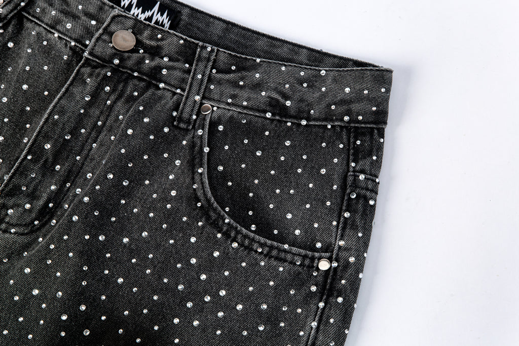 RHINESTONE V PATCH DENIM BLACK